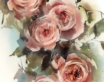 Bedroom Roses Wall Art Print, Flower Botanical Wall Decor, Flowers Painting, Whimsical Floral Print, Watercolor Art, Pink Rose Painting Art