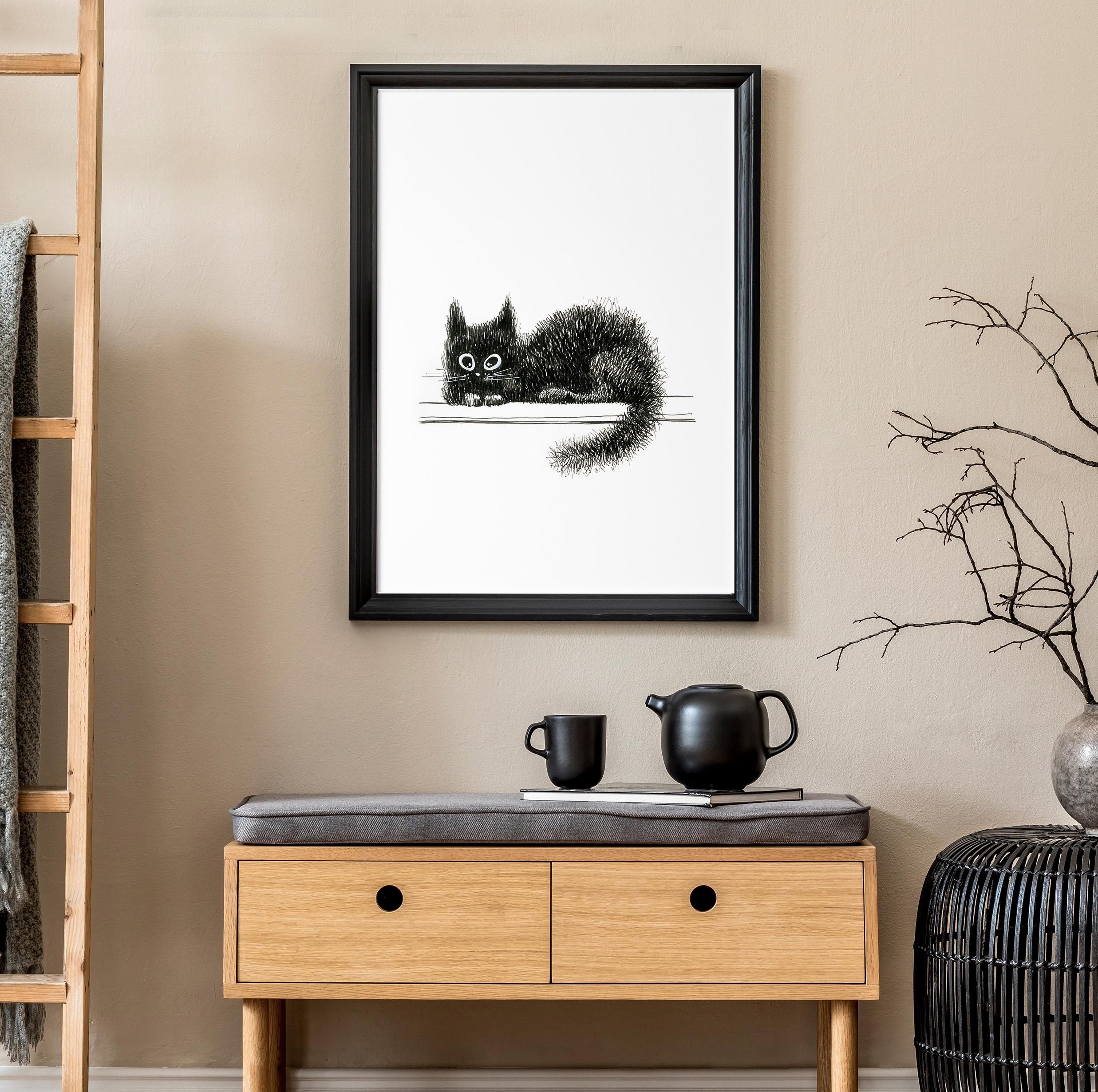 Cat Illustration Fine Art Print, Black and White Cat Drawing Art, Wall ...
