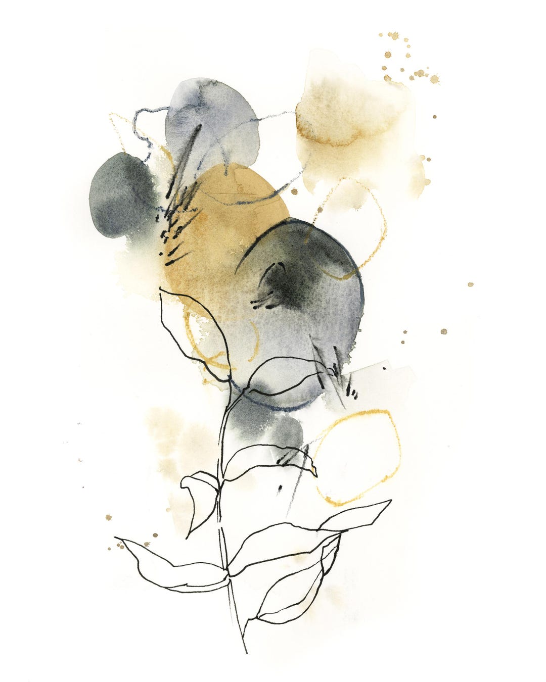 Abstract Botanical Wall Art Print, Mustard Yellow and Green Watercolor ...