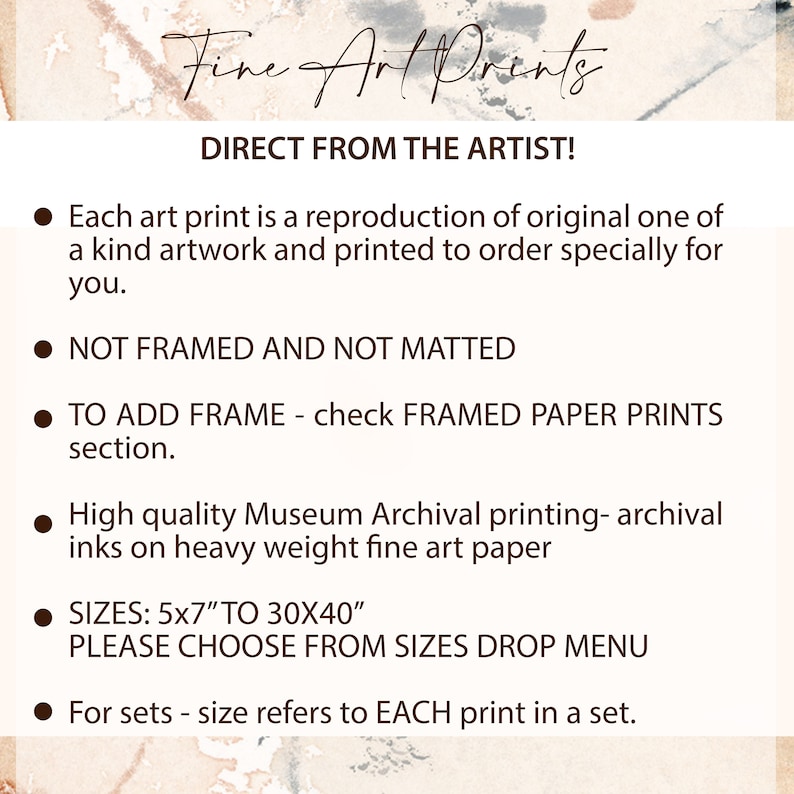 May include: An image with the text "Fine Art Prints" and "DIRECT FROM THE ARTIST!". The text describes the art prints as reproductions of original artwork, printed to order, and not framed or matted. Sizes range from 12.7cm x 17.8cm to 76.2cm x 101.6cm.