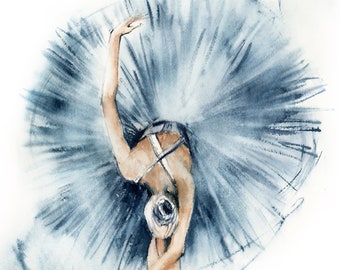 Ballerina Wall Print, Ballerina in Blue Tutu Watercolor Painting, Ballet Dance Art, Ballerina Wall Decor, Dancer Painting, Ballerina Art
