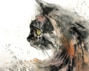 Cat Watercolor Painting Fine Art Print for Wall Decor in Brown Earthy Colors