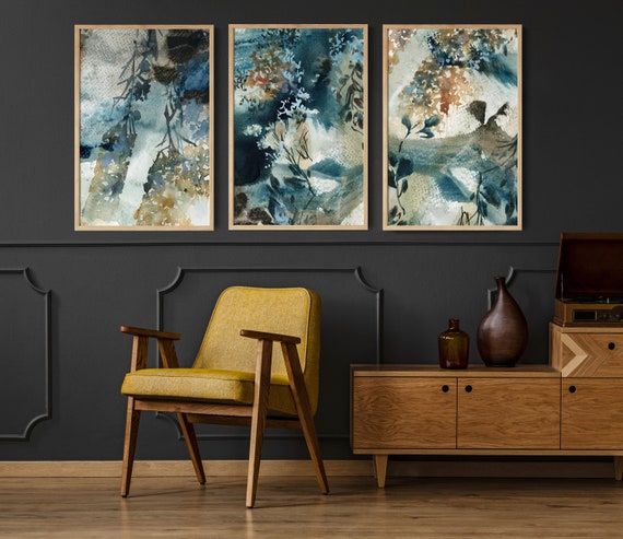 Abstract Wall Decor 3 Art Prints, Abstract Botanical Nature Watercolor Painting Teal and Amber Colors Wall Decor