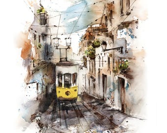 Lisbon Yellow Tram Fine Art Print, Lisboa Painting, Watercolor Print, Cityscape Art, Portugal Travel Wall Home Decor, Portugal Art Print