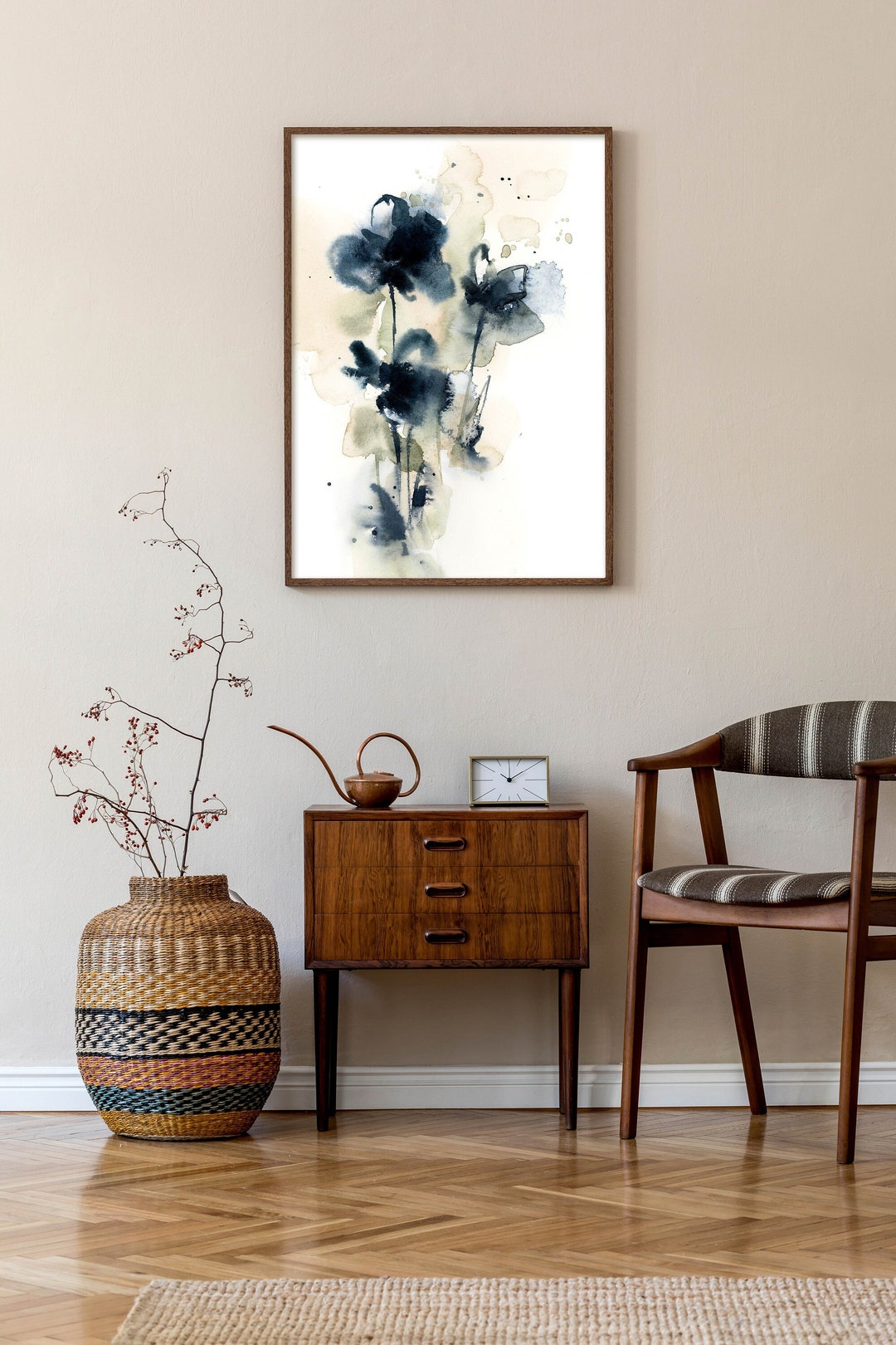 Flowers Fine Art Print Wall Decor in Dark Blue Colors, Abstract Florals ...