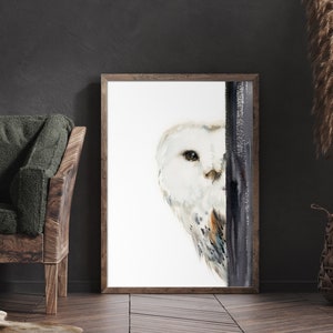 Barn Owl Art Print, White Owl Painting, Watercolor Print, Barn Owl Woodland Wall Print, Minimalist Owl Eye Catching Fine Art Print Decor