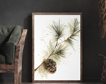 May include: Watercolor painting of a pine branch with needles and a pinecone. The artwork is framed in a rustic wooden frame. The painting features shades of green, brown, and white, with a focus on natural elements. The artwork is displayed on a white background.