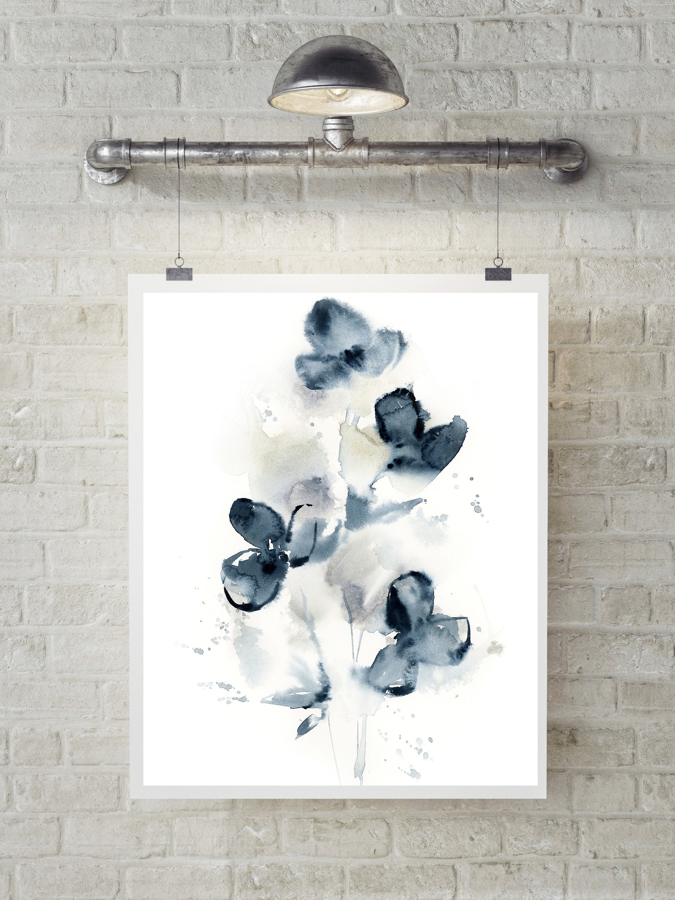 Indigo Floral Painting 2 Prints Set Abstract Flowers Dark Etsy UK