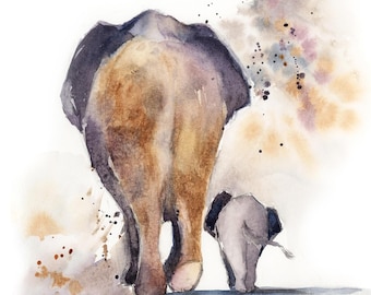Impresión artística de elefantes, acuarela de elefantes, impresión artística de madre y bebé, impresión de animales, decoración de la selva