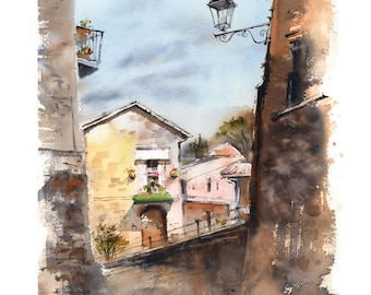 Italy City Scene Watercolor Painting Fine Art Print, Italian Small Village Architecture, Houses Streets, ravel Home Wall Decor