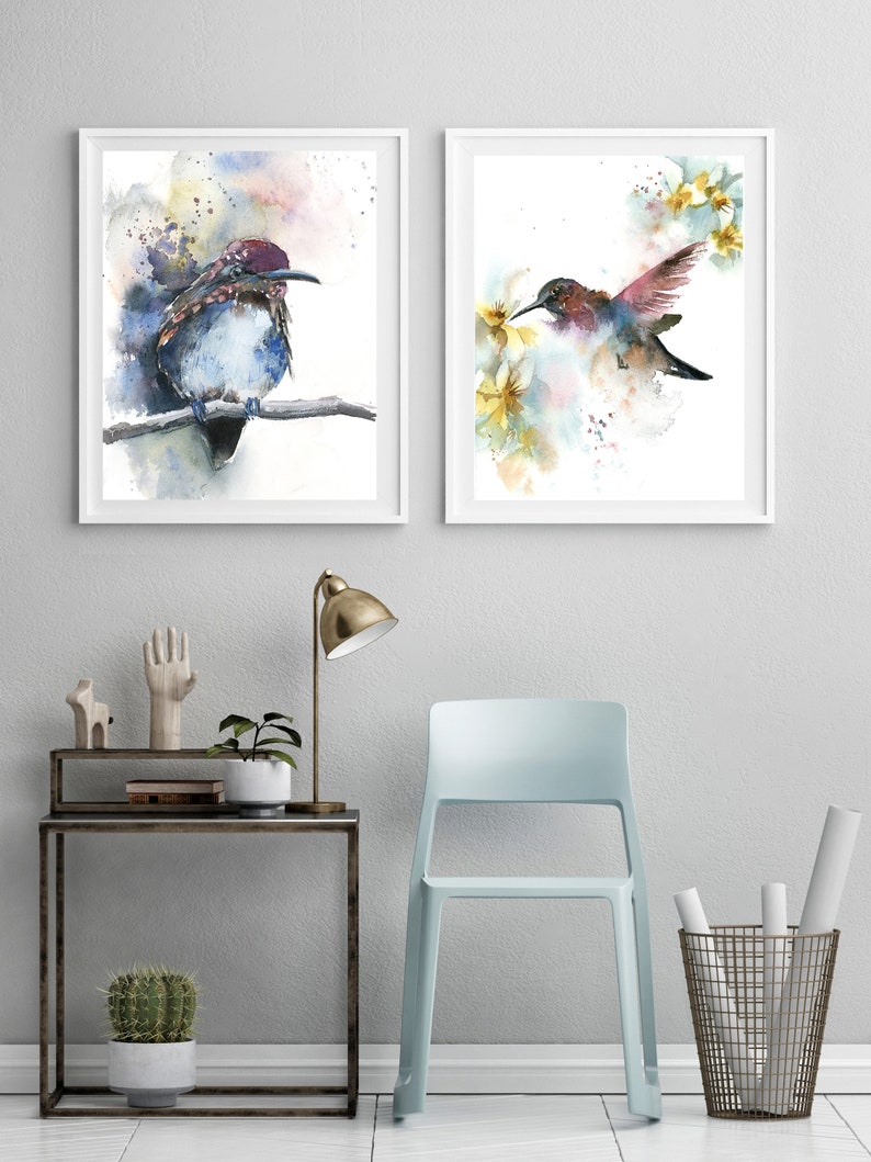 Hummingbirds Wall Decor Prints 2 Art Prints Watercolor Etsy