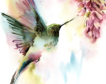 Kolibrie Fine Art Print tropische vogel aquarel schilderij muurdecoratie