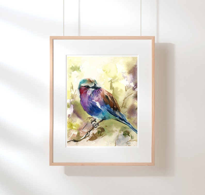 Lilac Tanager Art Print Poster of Bird Wall Fine Art Print Decor Kids Room Interior Art Colorful Bird Loose Style Watercolor Painting