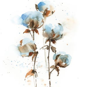Cotton Flowers Fine Art Print, Pastel Blue and Earthy Colors Florals Watercolor Painting, Cotton Buds Art Print, Bedroom Wall Decor Print