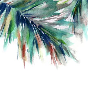 Puede incluir: Pintura a la acuarela de un tema bot&aacute;nico. La obra presenta pinceladas verdes, azules y rojas superpuestas, creando un efecto de capas. La imagen tiene un fondo blanco, con los elementos pintados concentrados en la parte superior.