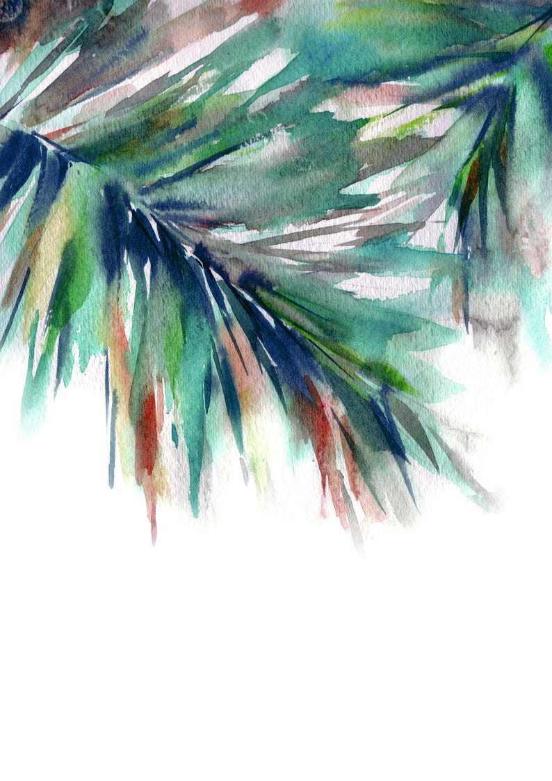 Puede incluir: Pintura a la acuarela de un tema bot&aacute;nico. La obra presenta pinceladas verdes, azules y rojas superpuestas, creando un efecto de capas. La imagen tiene un fondo blanco, con los elementos pintados concentrados en la parte superior.