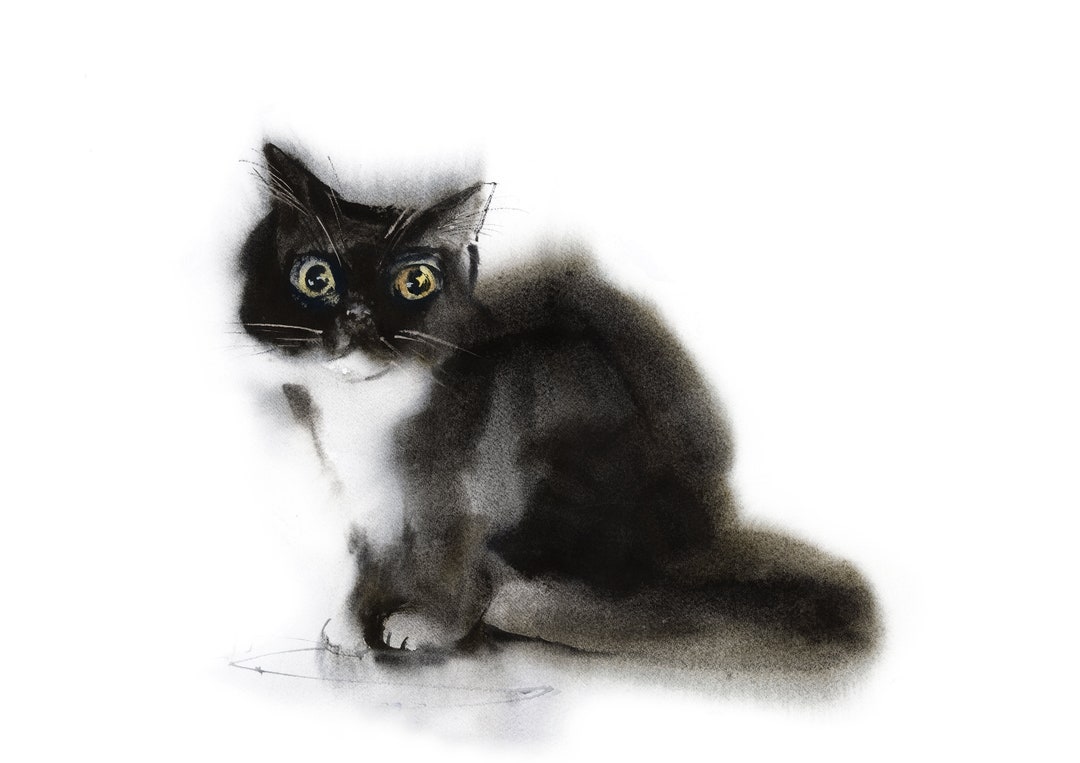 Cute Fluffy Black Cat Fine Art Print Print - Cat Watercolor Painting in ...