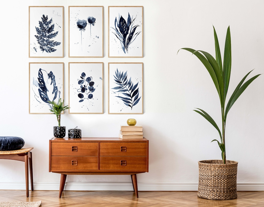 Gallery Wall Set of 6 Navy Blue Leaf and Flowers Prints, Inky Blue ...
