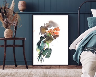 Abstract Flower Art Print, Green Orange Bright Wall Decor, Flower Painting, Watercolor Print, Abstract Floral Giclee Print, Large Art Print