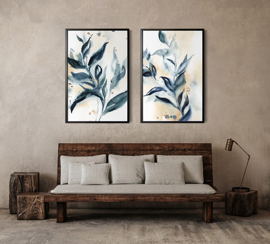 Blue Botanical Prints Set of 2 Pieces Wall Decor Art, Abstract Leaves ...
