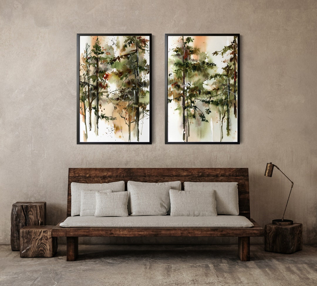 Spruce Trees Wall Prints 2 Pieces Set, Forest Paintings , Nature