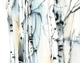 Birch Forest Fine Art Print, Trees Watercolor Print, Nature Landscape Tree Painting Wall Decor
