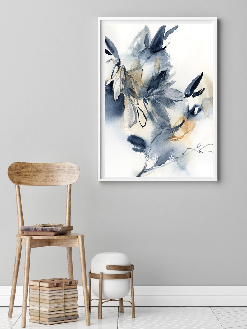 Abstract Botanical Art Print, Blue Wall Print, Abstract Leaves Painting ...
