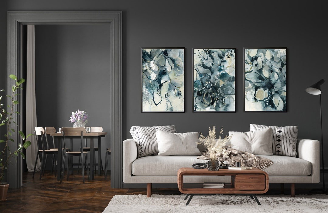 Set of 3 Abstract Botanical Art Prints, Abstract Floral Teal Painting ...