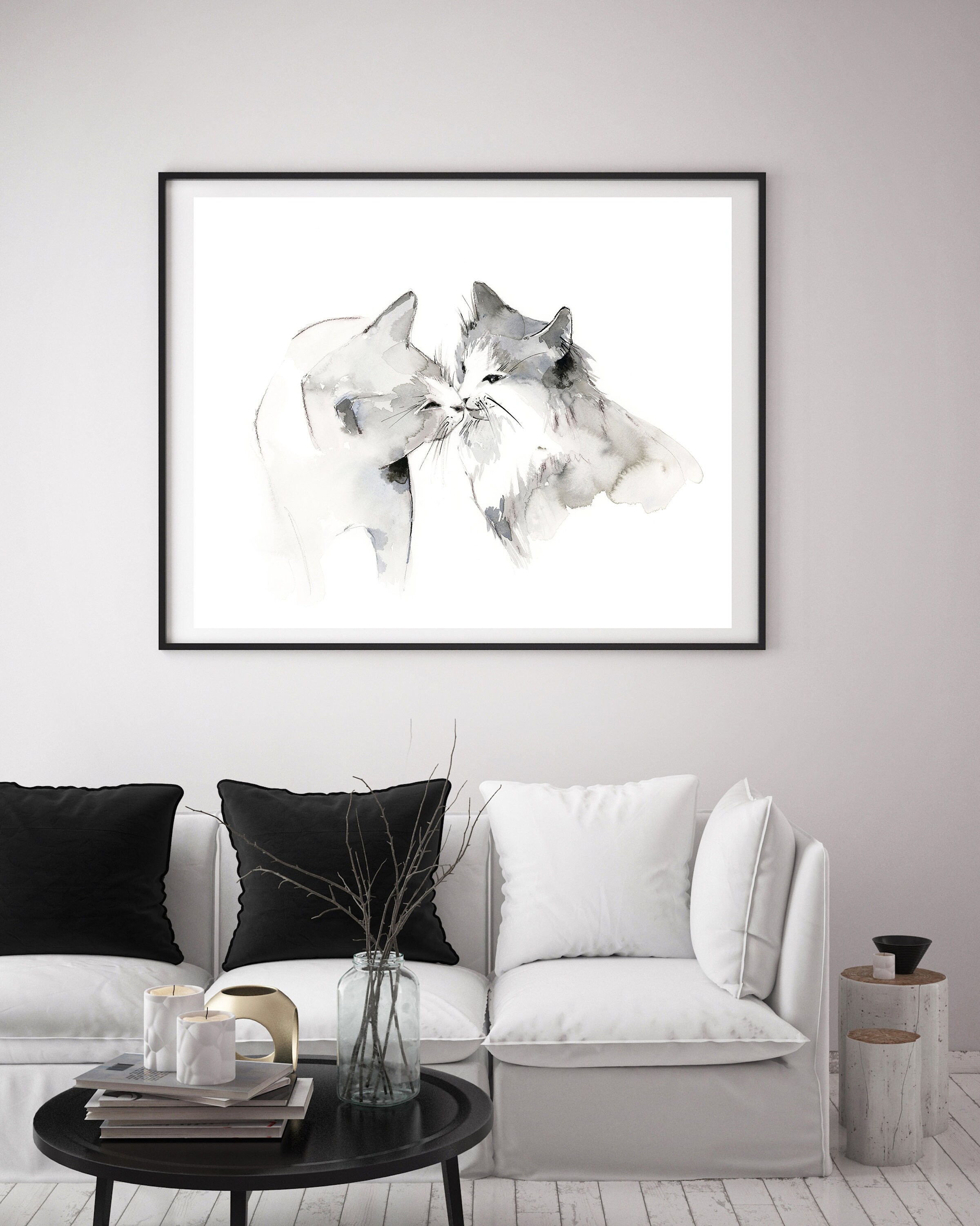 Der Kuss Katzen Malerei Kunstdruck Minimal graue und weiße | Etsy