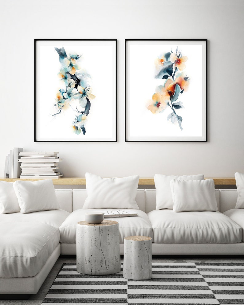 Abstract Florals 2 Art Prints Set Gallery Wall Blue Orange Etsy