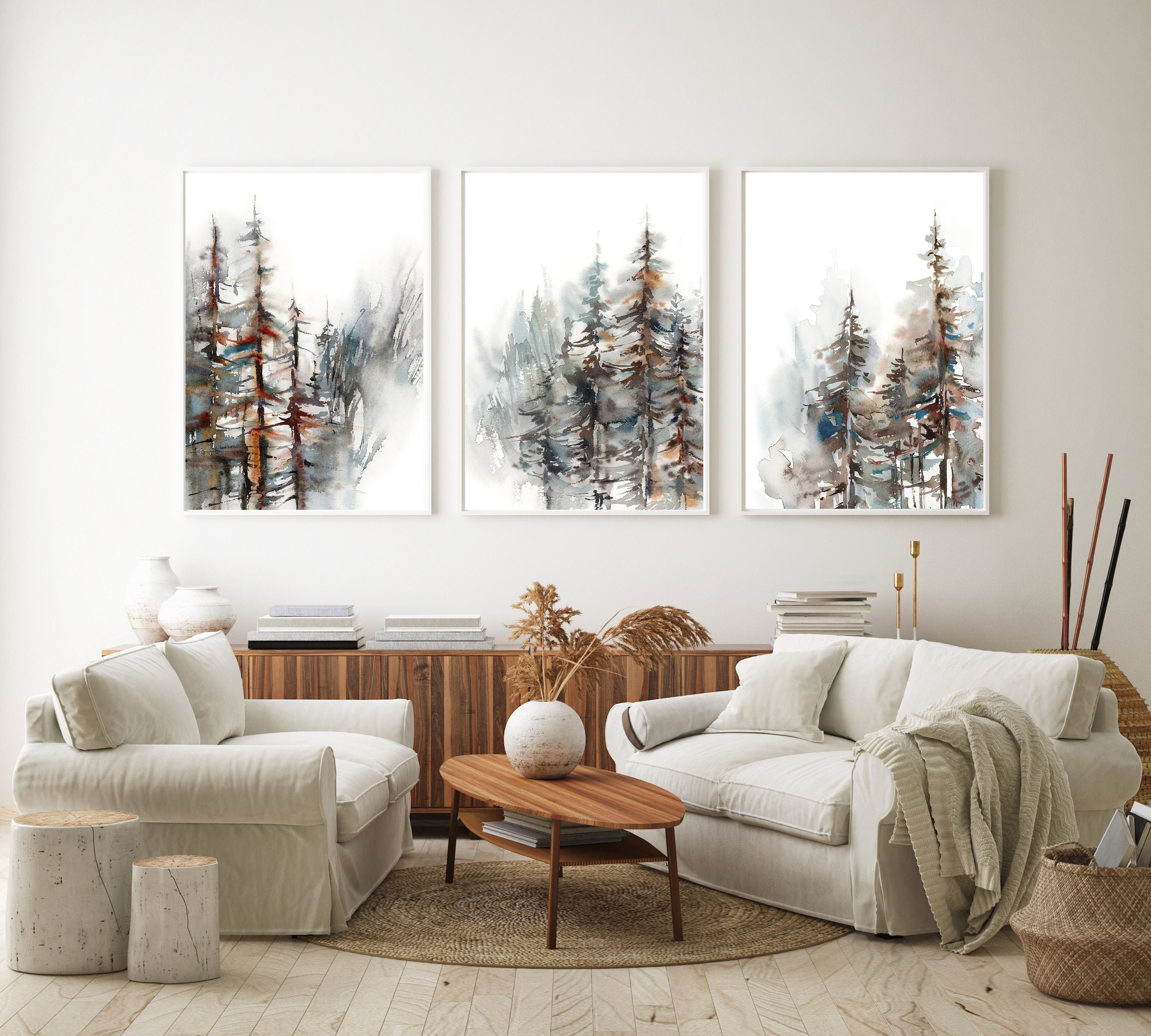 Pine Forest 3 Art Prints Set, Nature Landscape Trees Watercolor ...