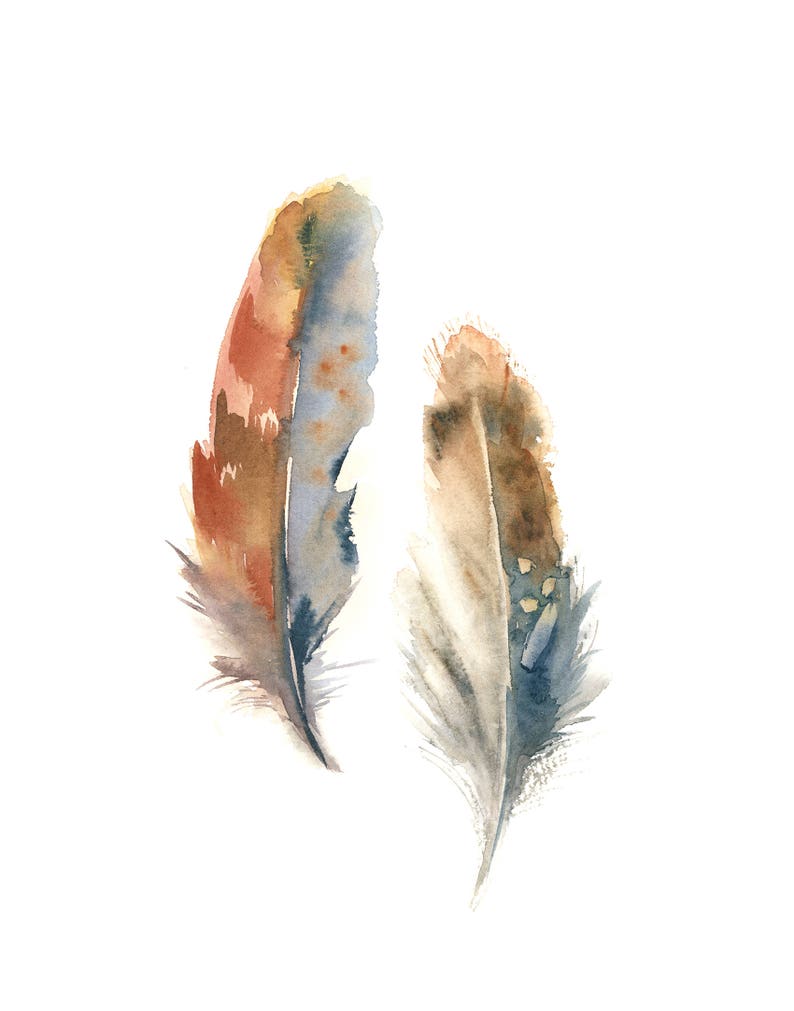 Two Feathers Painting Art Print Rust Bluish Two Feathers Etsy