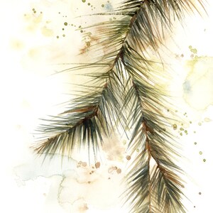 May include: Watercolor painting of a pine branch with detailed needles in shades of green and brown. The background features soft, blended washes of beige and light green, with scattered brown and green speckles.