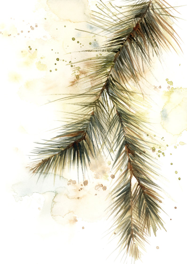 May include: Watercolor painting of a pine branch with detailed needles in shades of green and brown. The background features soft, blended washes of beige and light green, with scattered brown and green speckles.