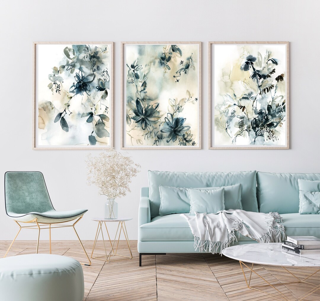 Abstract Botanical 3 Art Prints Set Teal Floral Leaves - Etsy