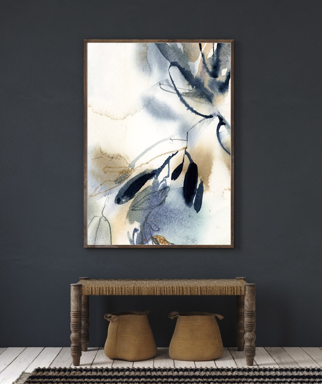 Abstract Botanical Watercolor Painting in Blue Fine Art Print for Wall