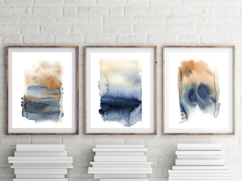 Abstract Landscape Living Room Wall Art Blue Terracotta Etsy