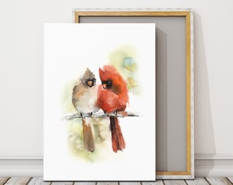 Cardinal Couple, Cardinal Bird Watercolor, Two Cardinal Bird Prints, Giclee Bird Wall Art, Cardinal Artwork Gift, Cardinal Bird Painting