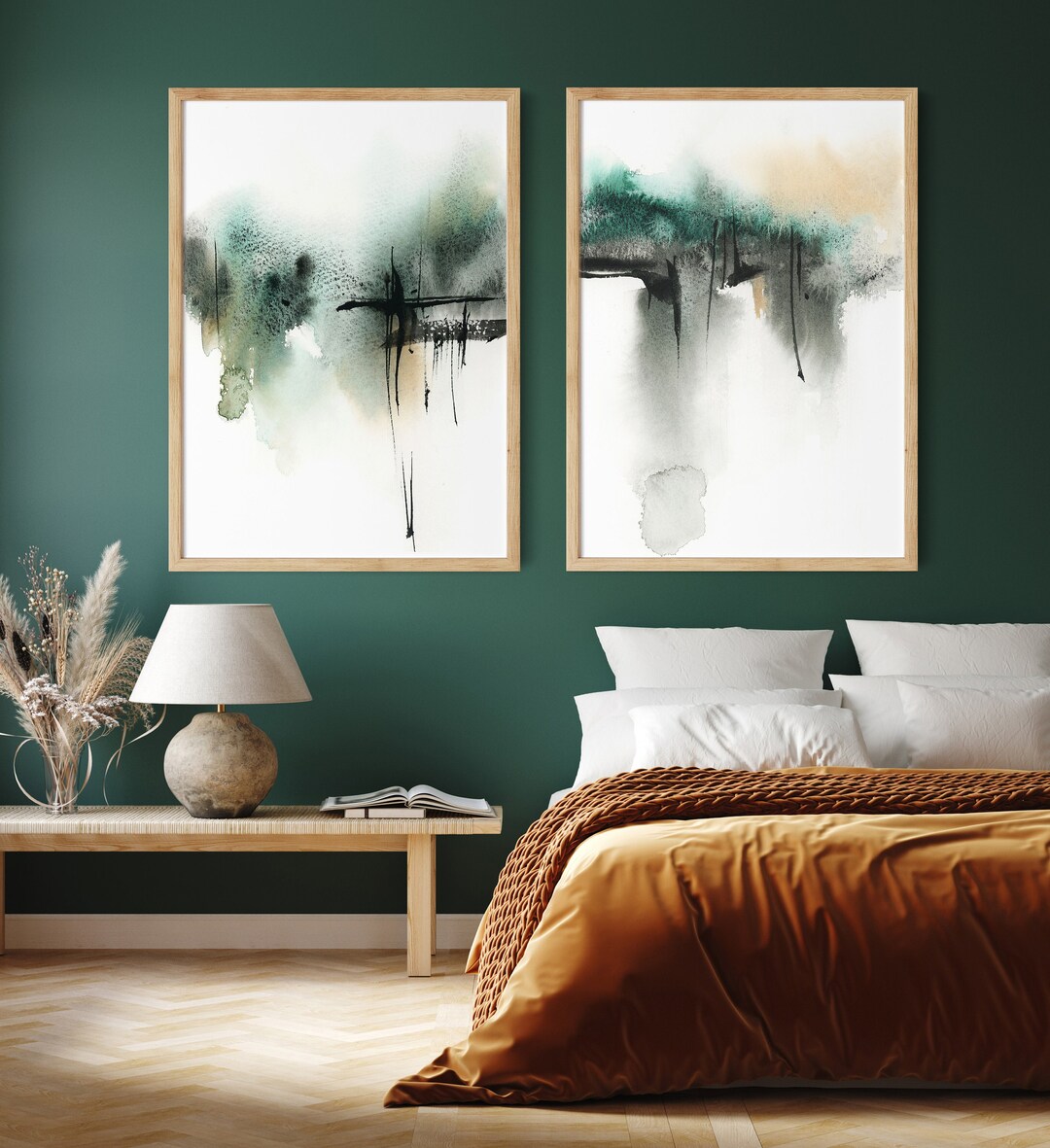 Emerald Green Abstract Fine Art Prints 2 Pieces Wall Decor Set ...