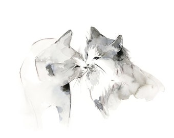 Kiss Cats Painting, Cats Art Print, Minimalist Art, Grey Pastel Colors Watercolor Print, Wall Art Print, Love Painting, Anniversary Day Gift