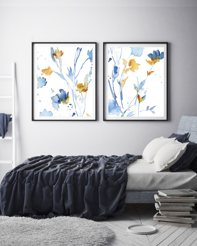 Abstract Blue Yellow Florals Wall Gallery Set of 2 fine Art Etsy