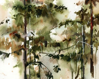 Pine Trees Forest Fine Art Print, Green Nature Wall Art Watercolor Print, Trees Painting, Woodland Wall Decor