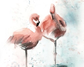 Flamingo Fine Art Print, Pink Teal Wall Decor, Tropical Bird Painting, Flamingo Watercolor Print