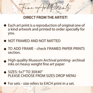 Puede incluir: Imagen crema con texto que promociona impresiones art&iacute;sticas. El texto incluye detalles sobre las reproducciones, impresiones sin marco y tama&ntilde;os de 5x7 pulgadas a 30x40 pulgadas (aproximadamente 13x18 cm a 76x102 cm). Tambi&eacute;n menciona tintas de archivo.