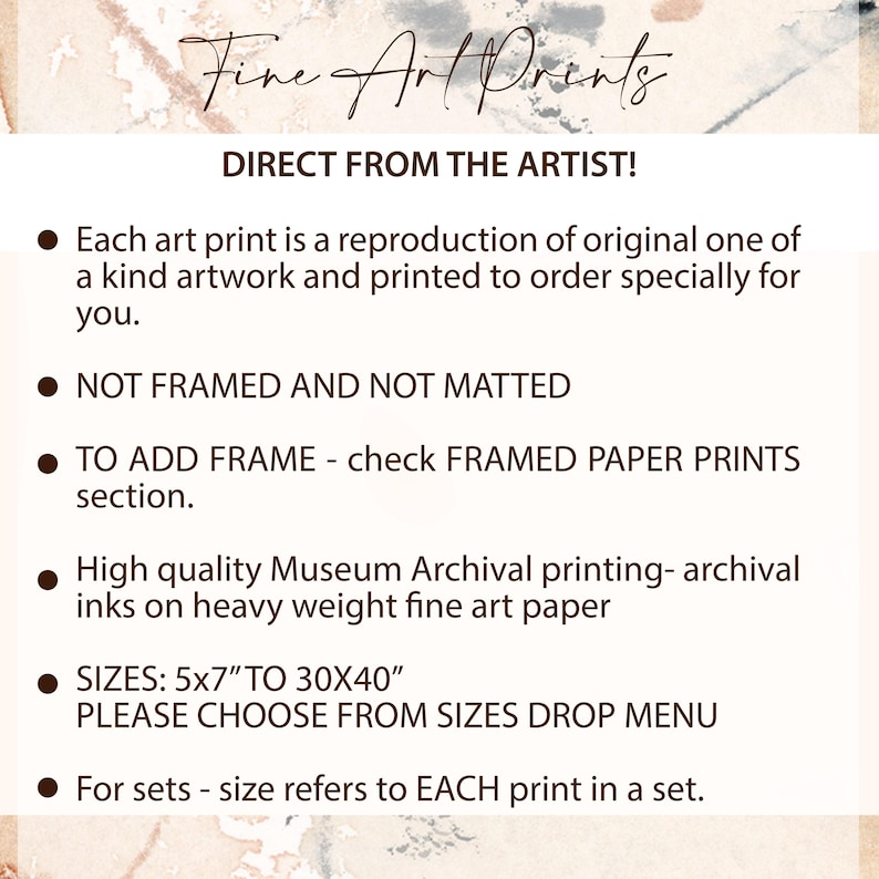 Puede incluir: Imagen crema con texto que promociona impresiones art&iacute;sticas. El texto incluye detalles sobre las reproducciones, impresiones sin marco y tama&ntilde;os de 5x7 pulgadas a 30x40 pulgadas (aproximadamente 13x18 cm a 76x102 cm). Tambi&eacute;n menciona tintas de archivo.