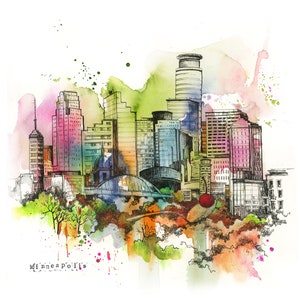 Minneapolis Skyline City Fine Art Print, Urban Sketching Watercolor Painting Art, Architecture Art Print, Minnesota State Wall Decor Print