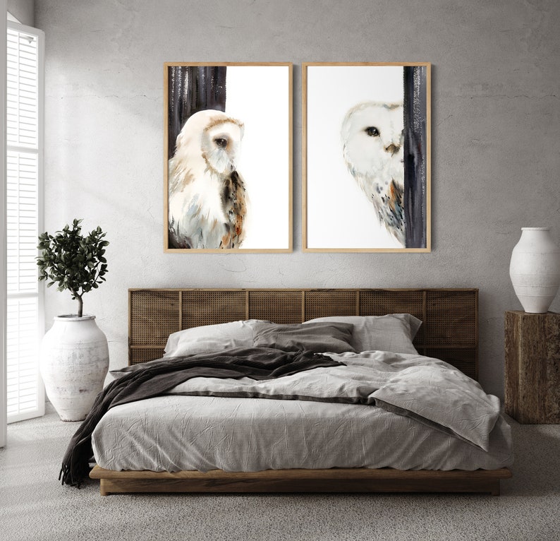 Owl Art Prints 2 Set for Wall Decor - Barn Owl Watercolor Paintings ...