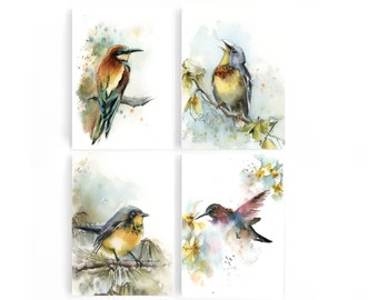 Bird Art Prints Set 4 Pieces Gallery Wall, Bird Watercolor Paintings, Birds Art Prints, Nature Wall Art, Woodland Wall Decor, Canvas Prints