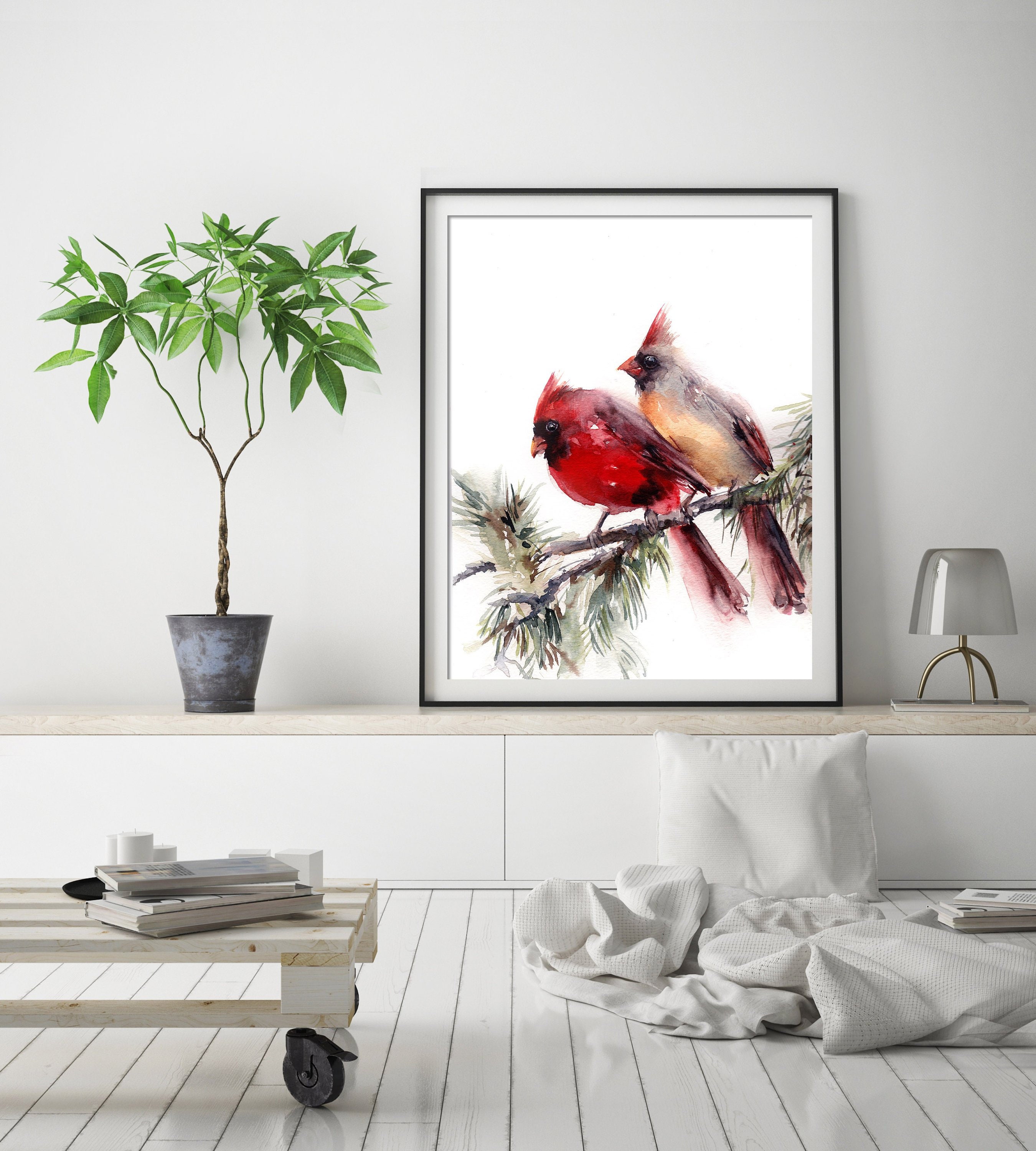 Cardinal Birds Couple Art Print Northern Cardinal watercolor | Etsy