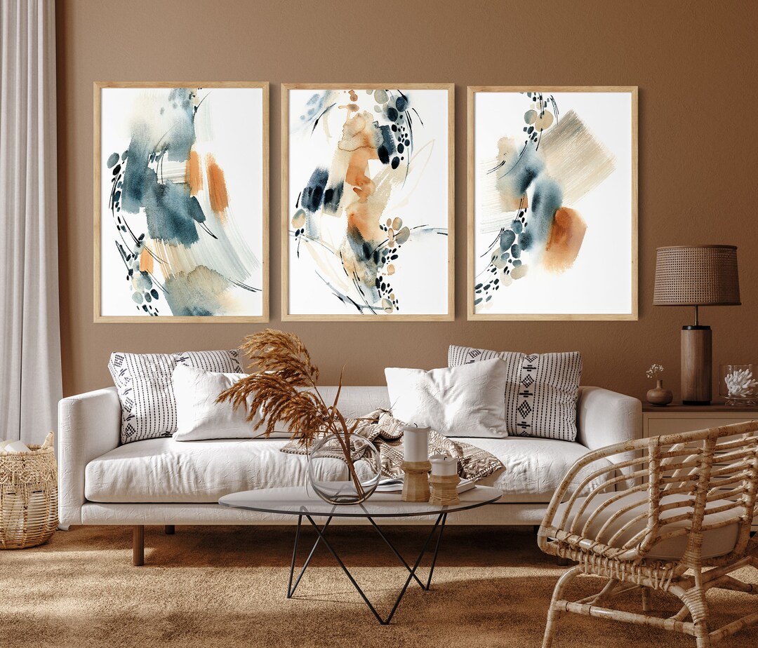 Abstract Set of 3 Art Prints Wall Decor, Blue Burnt Orange Living Room